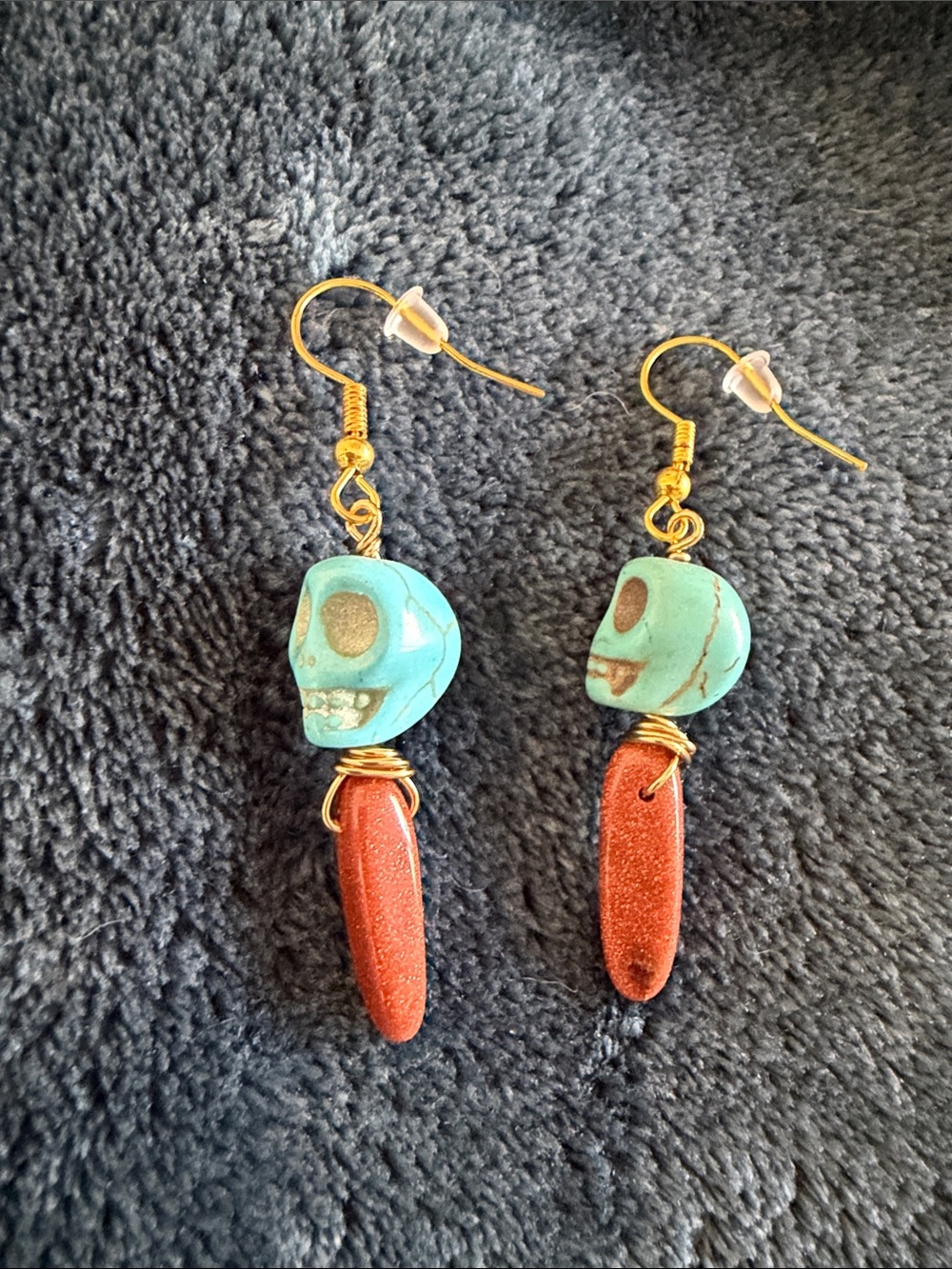Turquoise Skull & Red sandstone Dangle Earrings